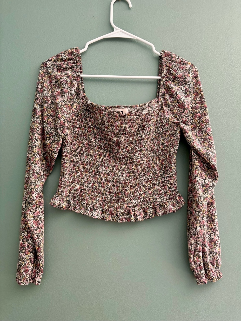 SO Pink Floral Smocked Square-Neck Long Sleeve Blouse